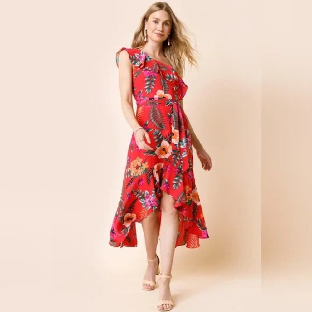 Mi Ami One Shoulder Floral Midi Dress Womens‎ Small Red Tropical High Low Ruffle